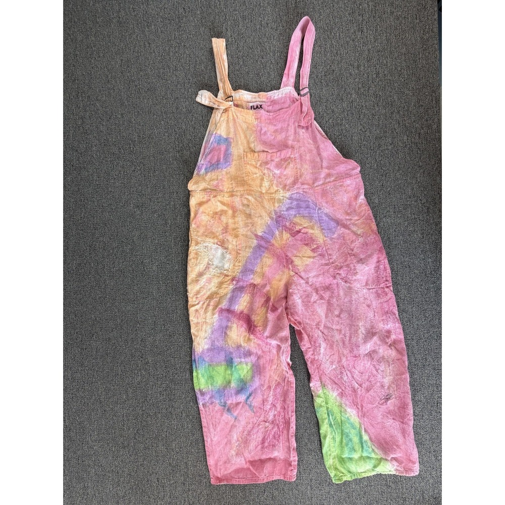 Flax Sloop Jones Overalls Womens Medium Pink Linen Tie Dye Hand Painted Coverall
